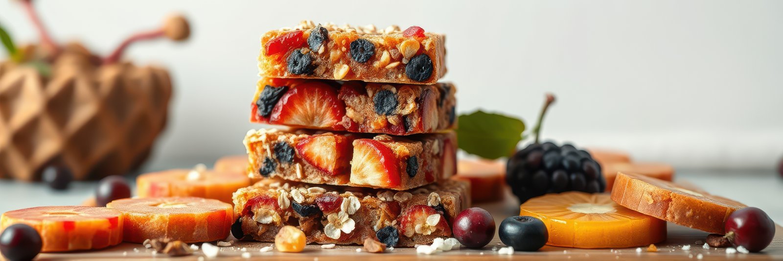 Healthy snack bars stacked with fruits and nuts on a wooden surface in a bright kitchen setting